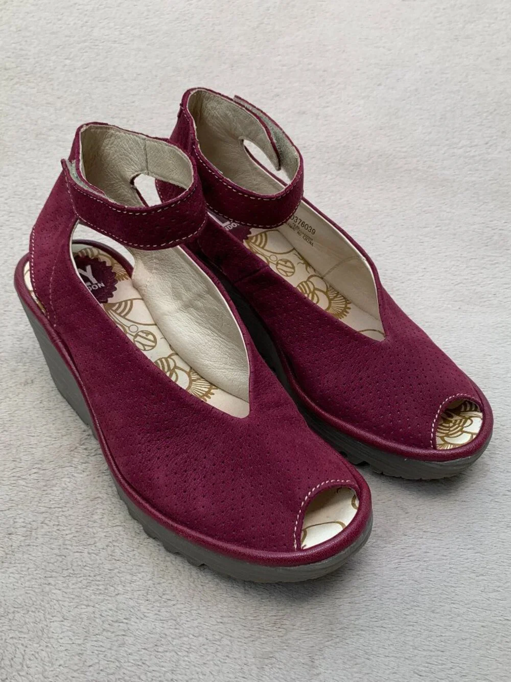 Fly London Yala Ankle Strap Suede Peep Toe Platform Wedge Sandals Sz38